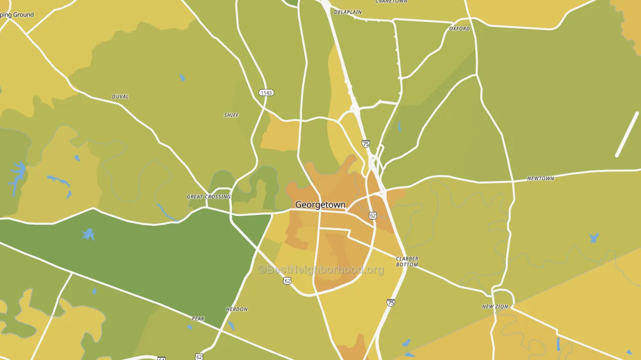 Map of the best neighborhoods in the 40324 area, with better matches in green and worse matches in red