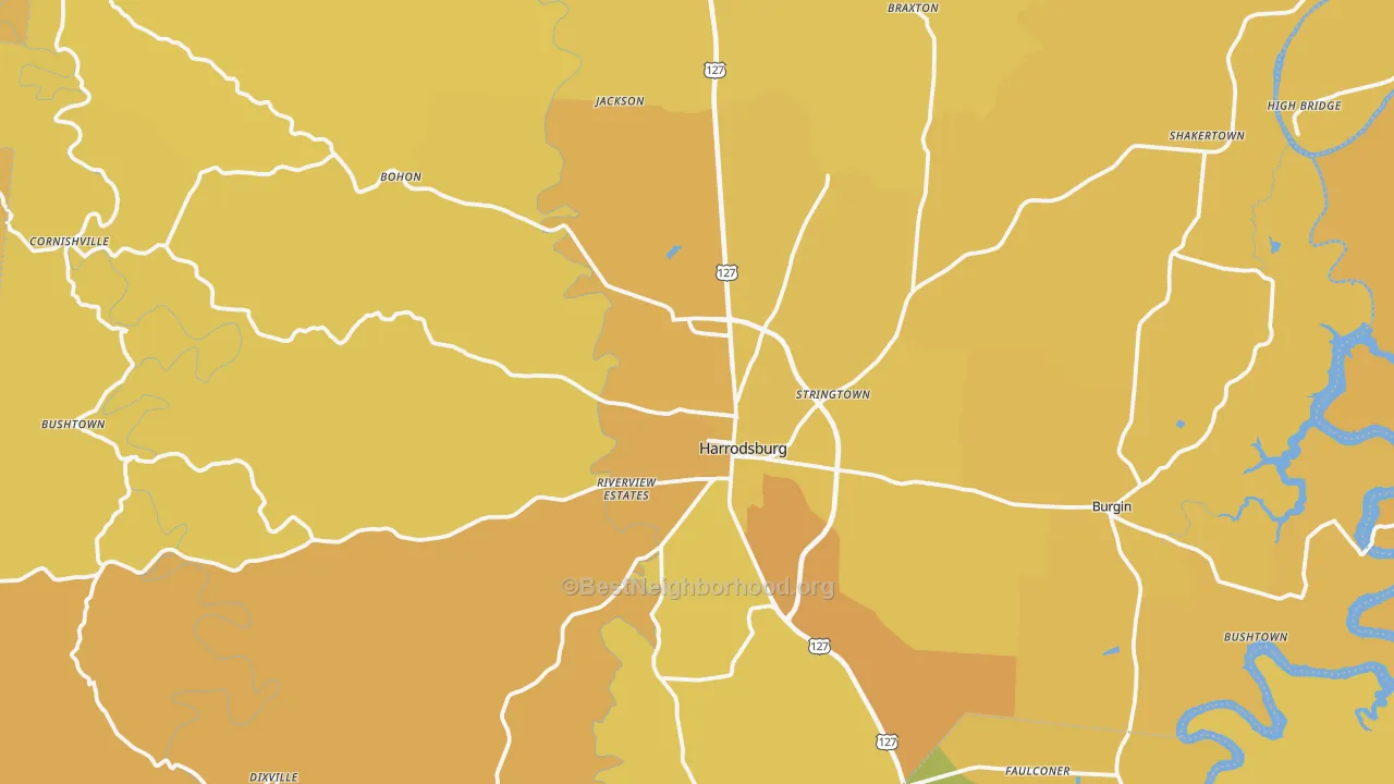 Map of the best neighborhoods in the 40330 area, with better matches in green and worse matches in red