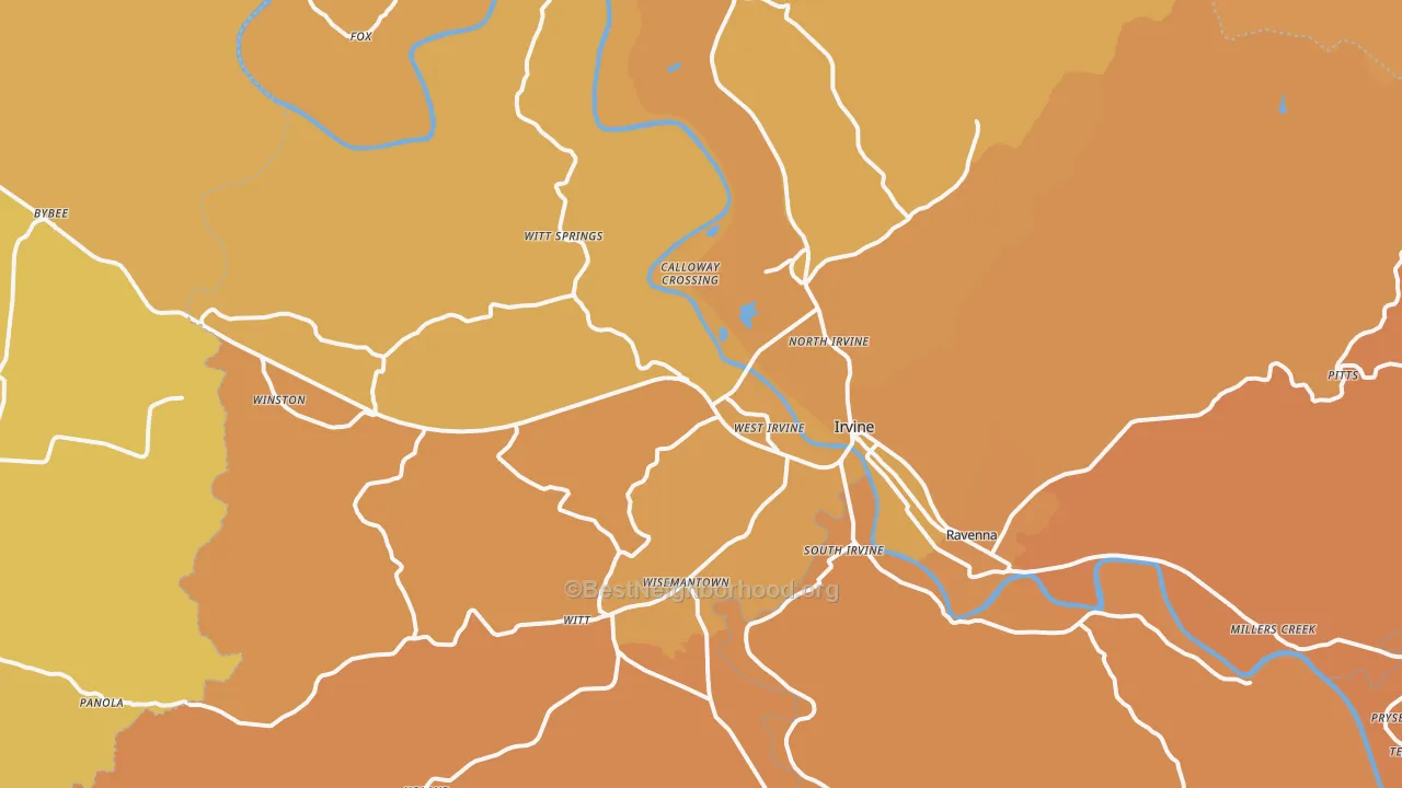 Map of the best neighborhoods in the 40336 area, with better matches in green and worse matches in red