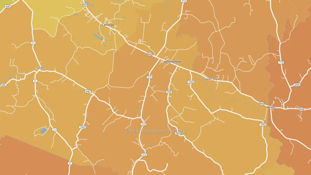 Map of the best neighborhoods in the 40337 area, with better matches in green and worse matches in red