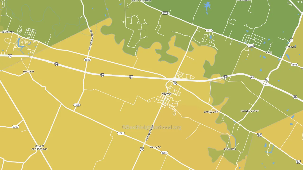 Map of the best neighborhoods in the 40347 area, with better matches in green and worse matches in red