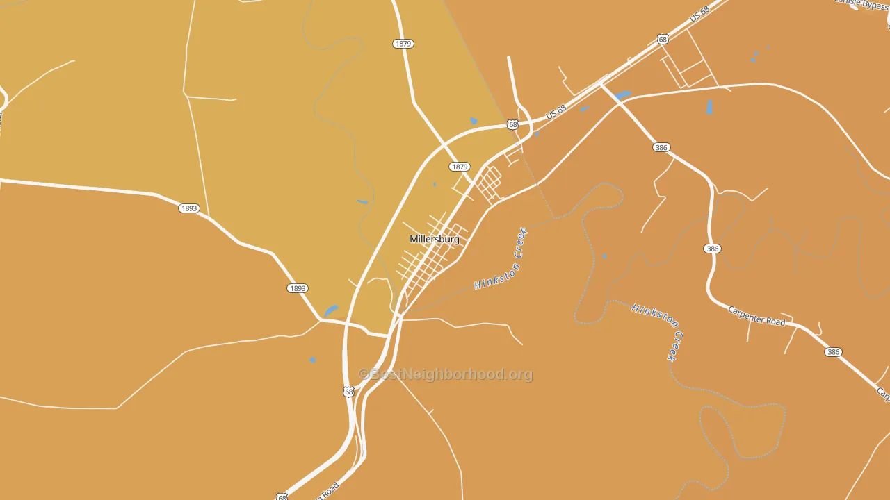 Map of the best neighborhoods in the 40348 area, with better matches in green and worse matches in red