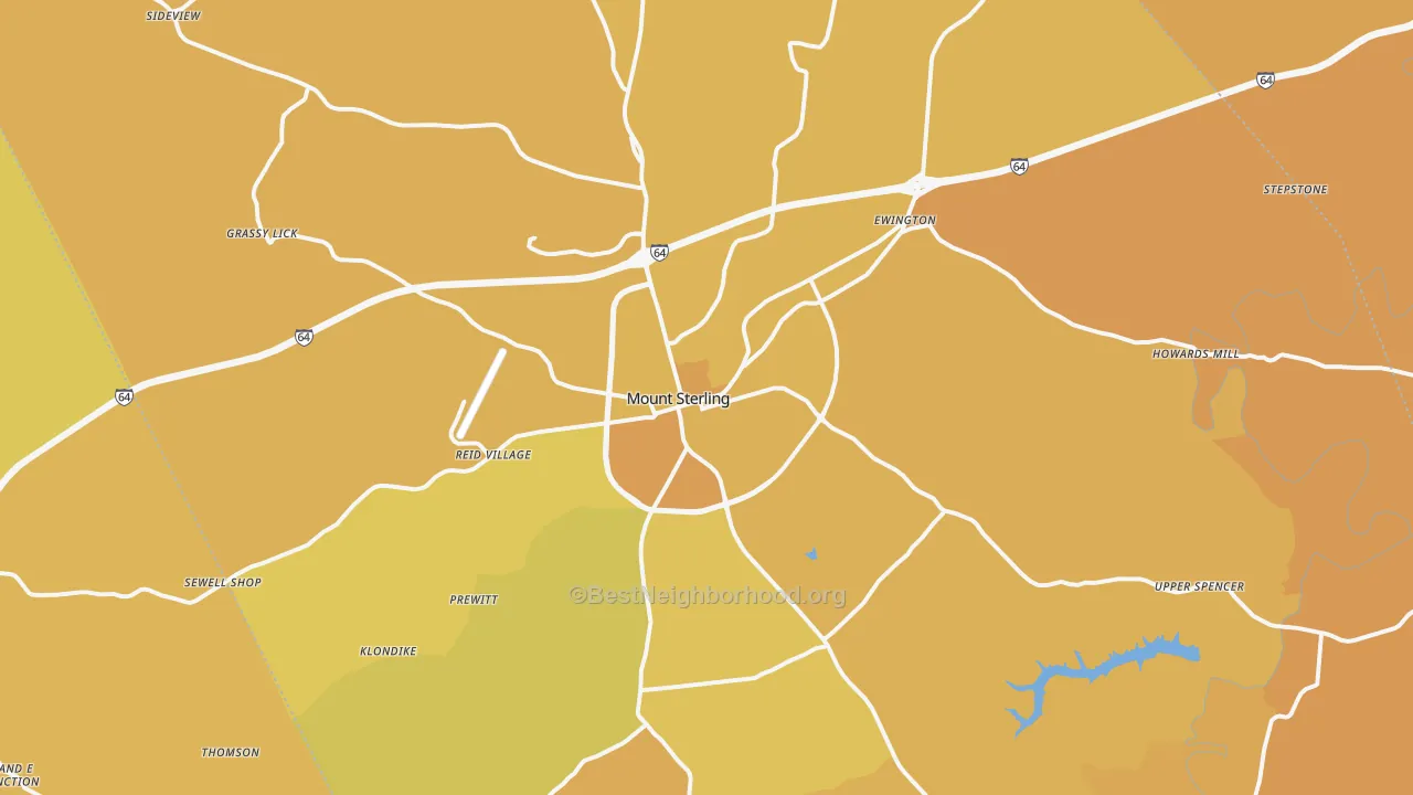 Map of the best neighborhoods in the 40353 area, with better matches in green and worse matches in red