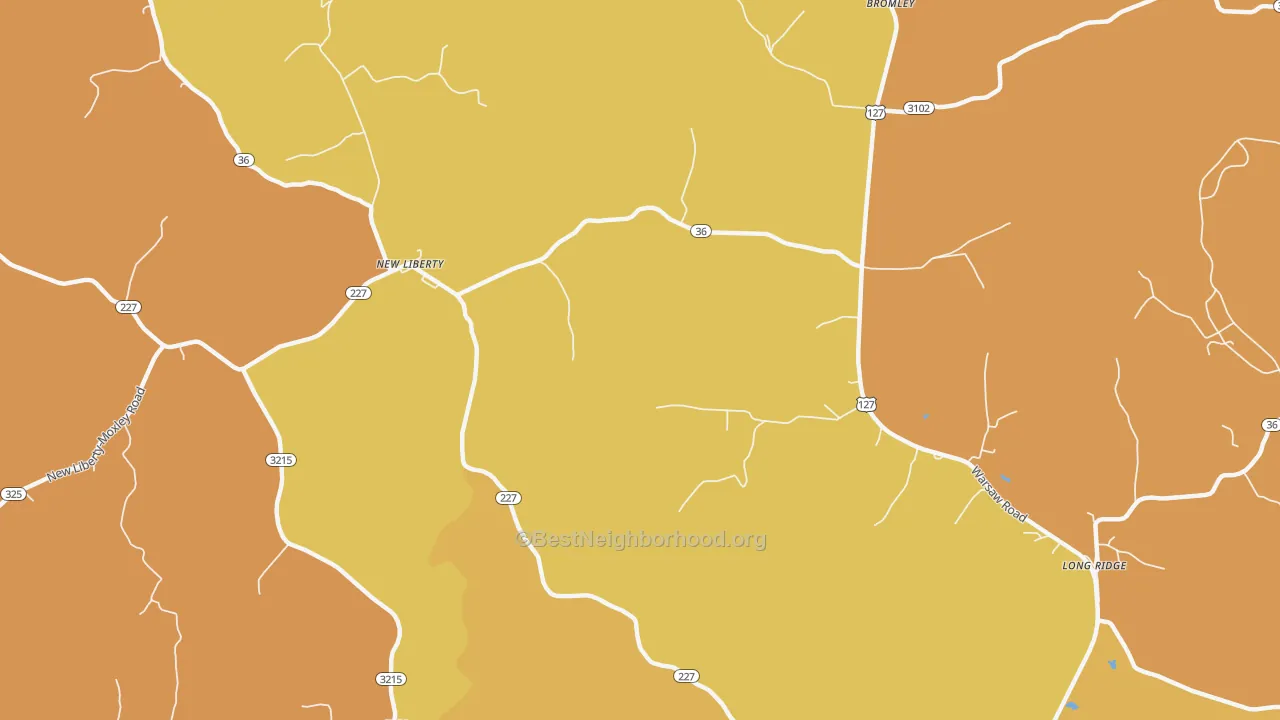 Map of the best neighborhoods in the 40355 area, with better matches in green and worse matches in red
