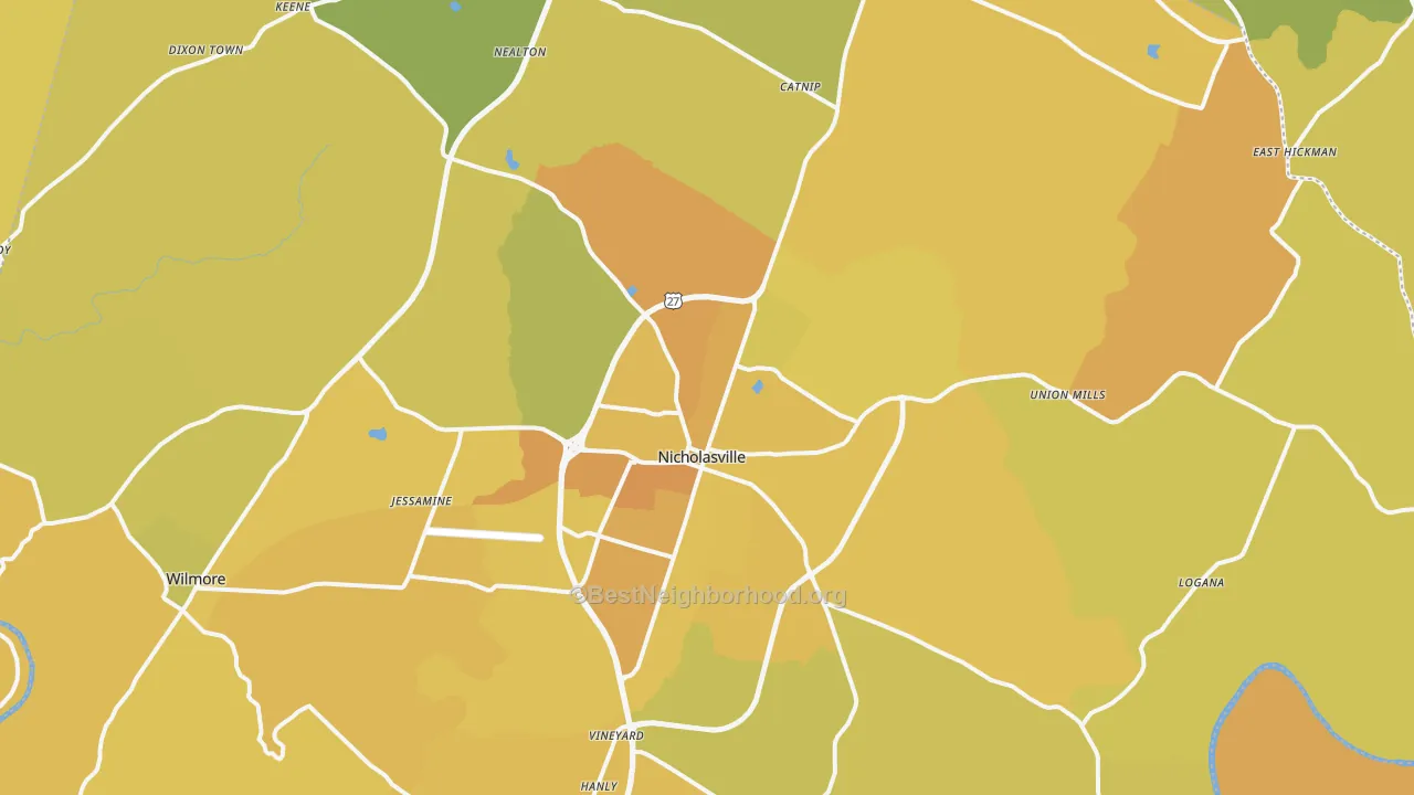 Map of the best neighborhoods in the 40356 area, with better matches in green and worse matches in red