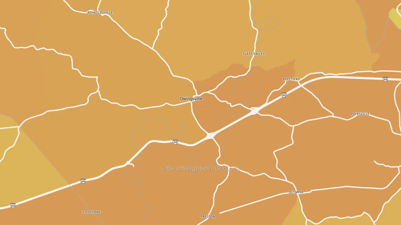 Map of the best neighborhoods in the 40360 area, with better matches in green and worse matches in red