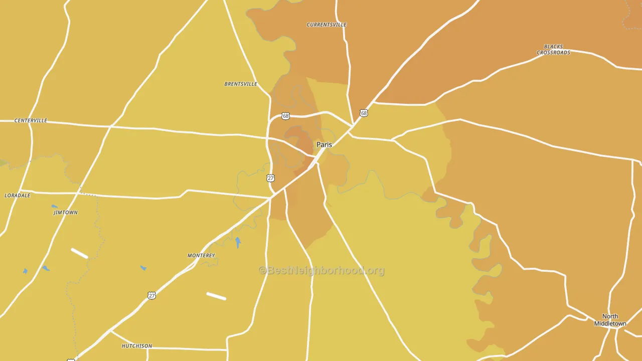 Map of the best neighborhoods in the 40361 area, with better matches in green and worse matches in red