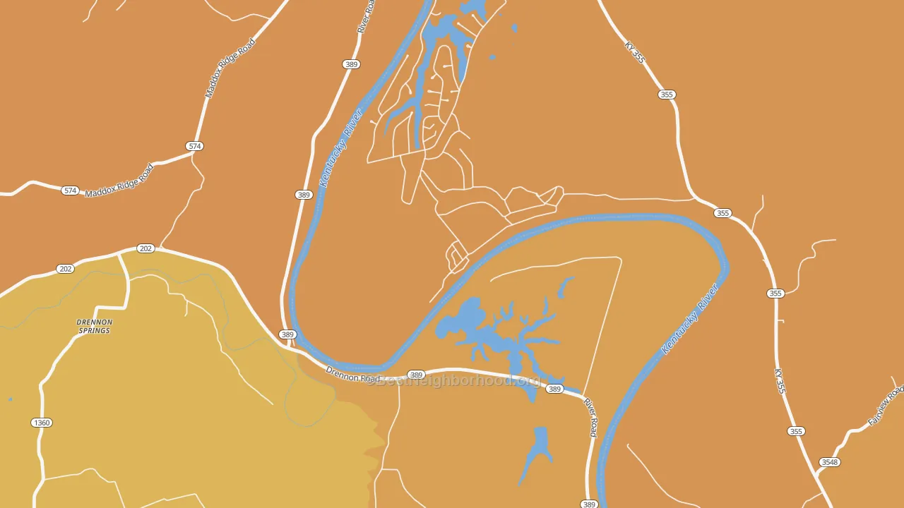 Map of the best neighborhoods in the 40363 area, with better matches in green and worse matches in red