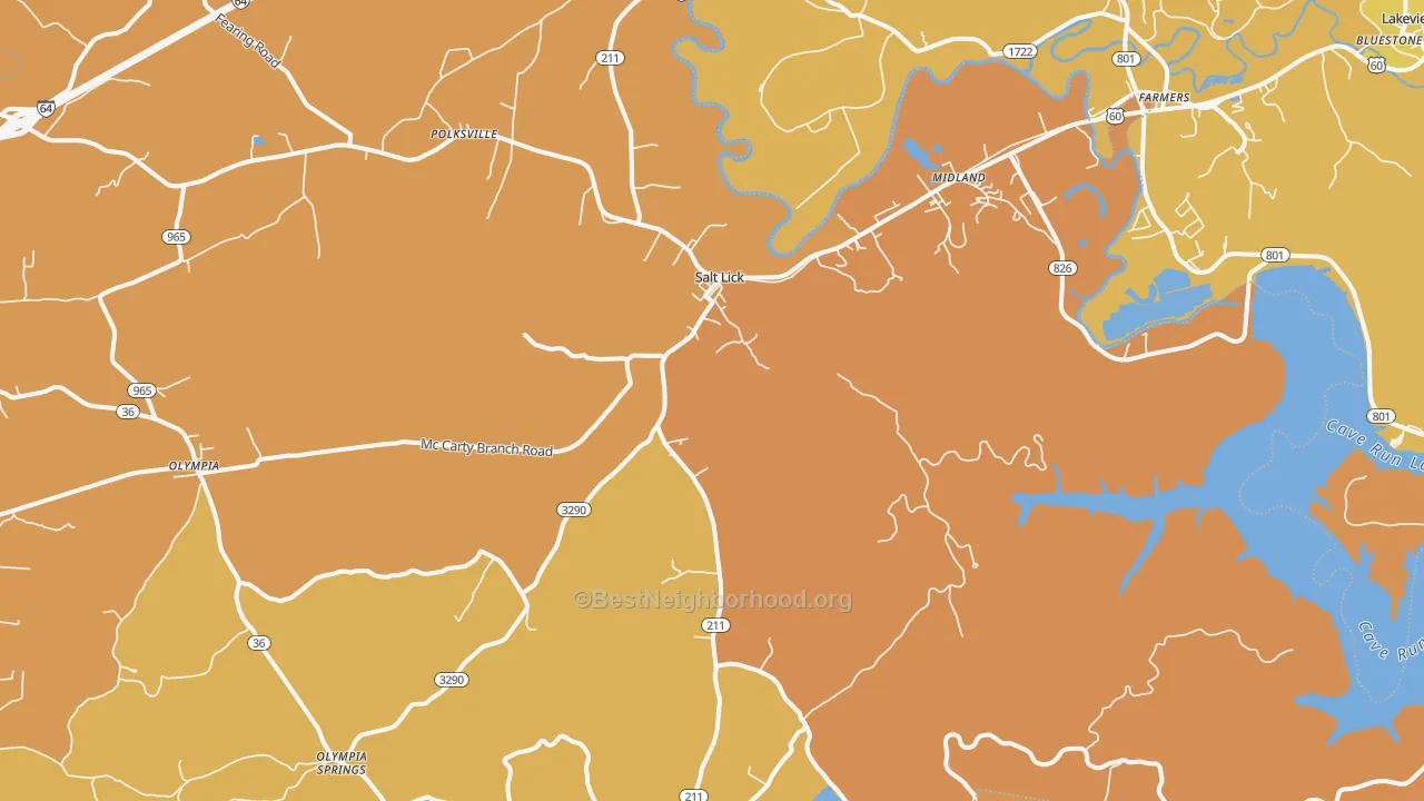 Map of the best neighborhoods in the 40371 area, with better matches in green and worse matches in red