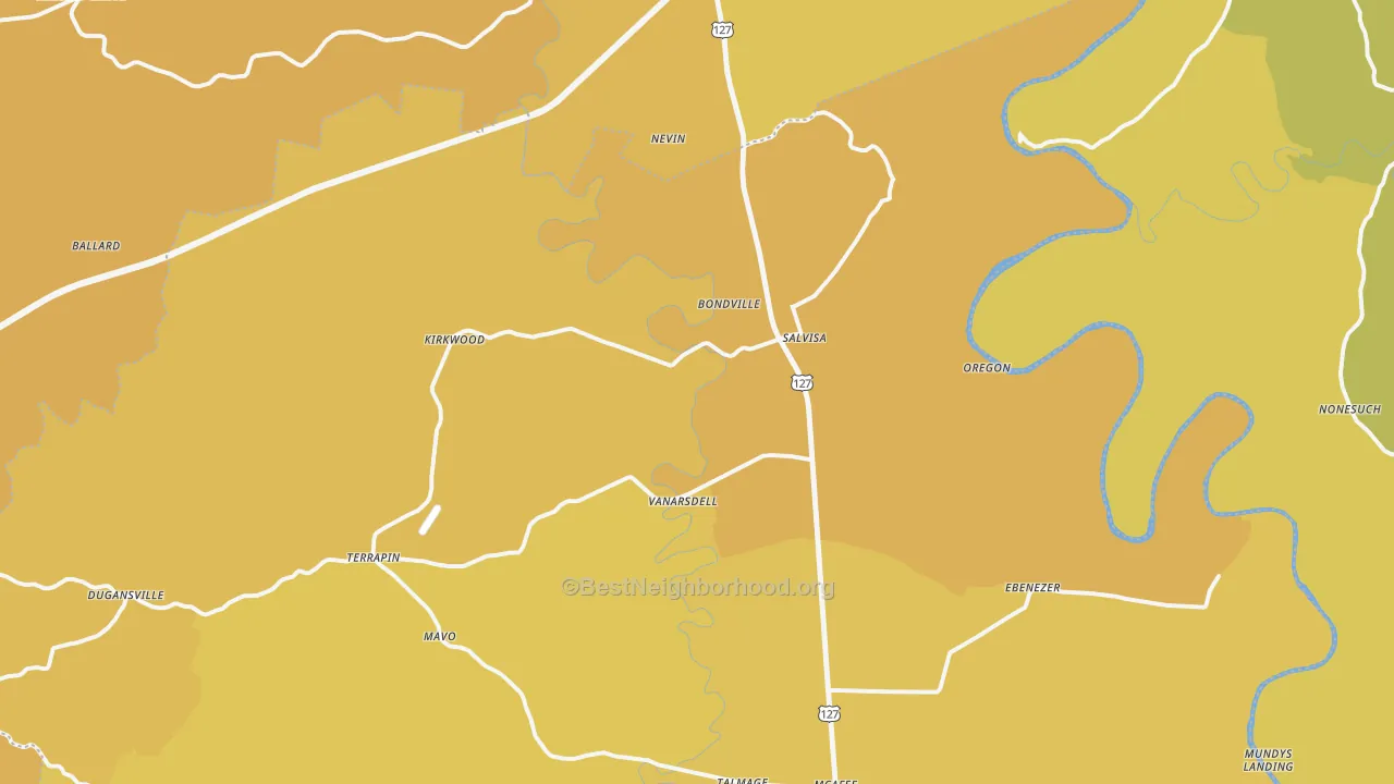 Map of the best neighborhoods in the 40372 area, with better matches in green and worse matches in red