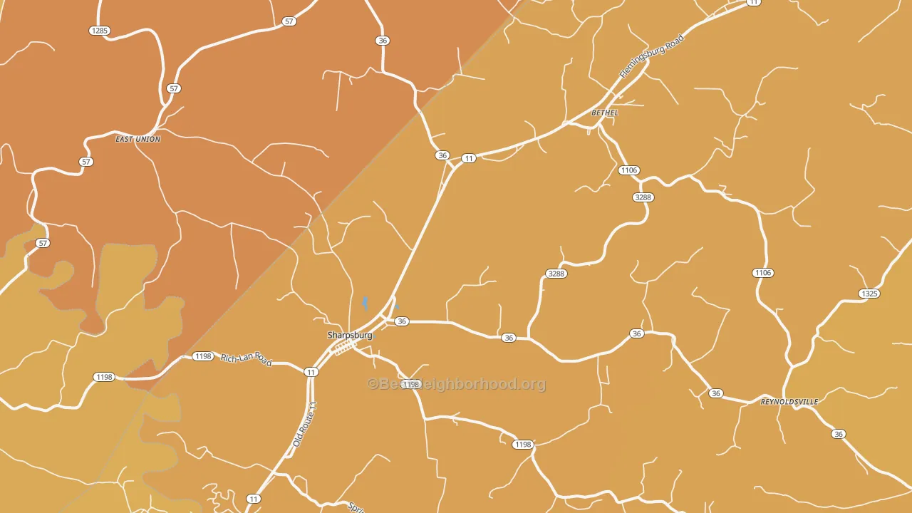 Map of the best neighborhoods in the 40374 area, with better matches in green and worse matches in red