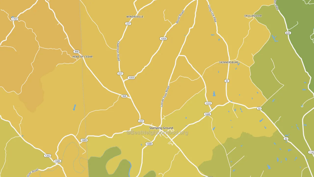 Map of the best neighborhoods in the 40379 area, with better matches in green and worse matches in red