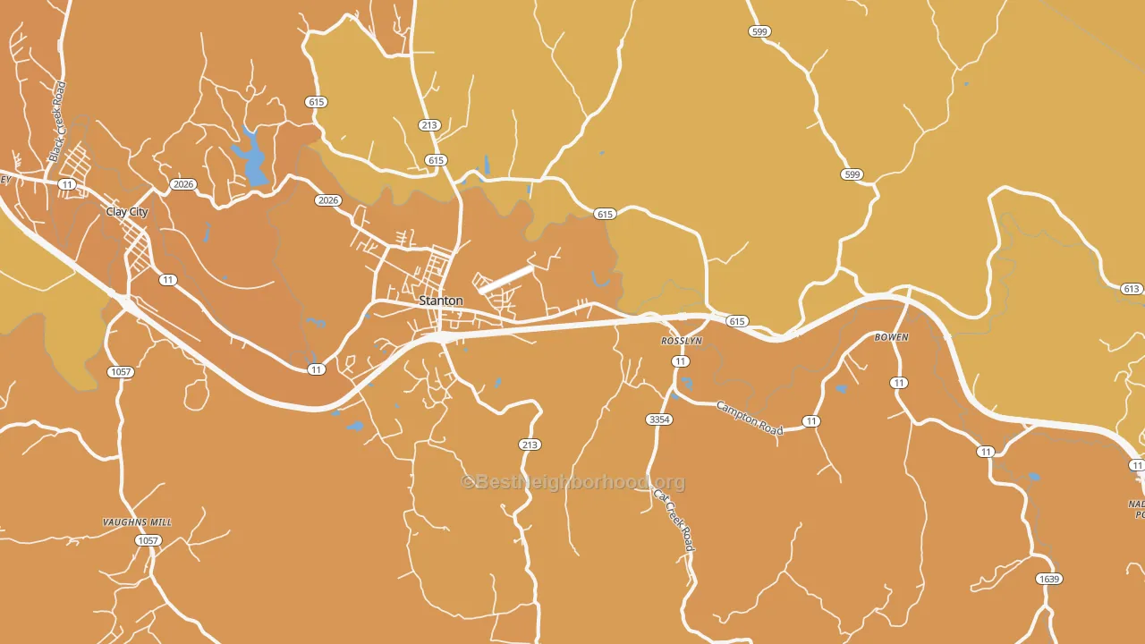 Map of the best neighborhoods in the 40380 area, with better matches in green and worse matches in red