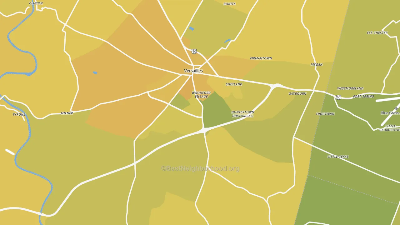 Map of the best neighborhoods in the 40383 area, with better matches in green and worse matches in red