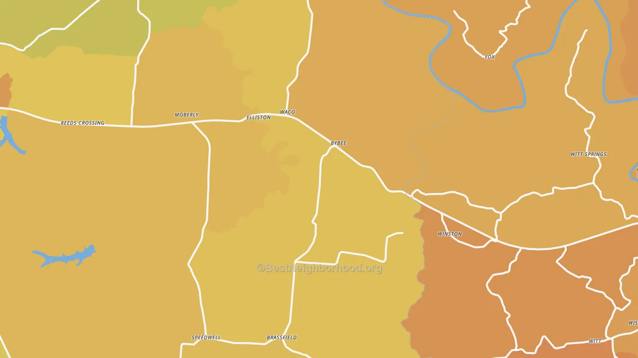 Map of the best neighborhoods in the 40385 area, with better matches in green and worse matches in red