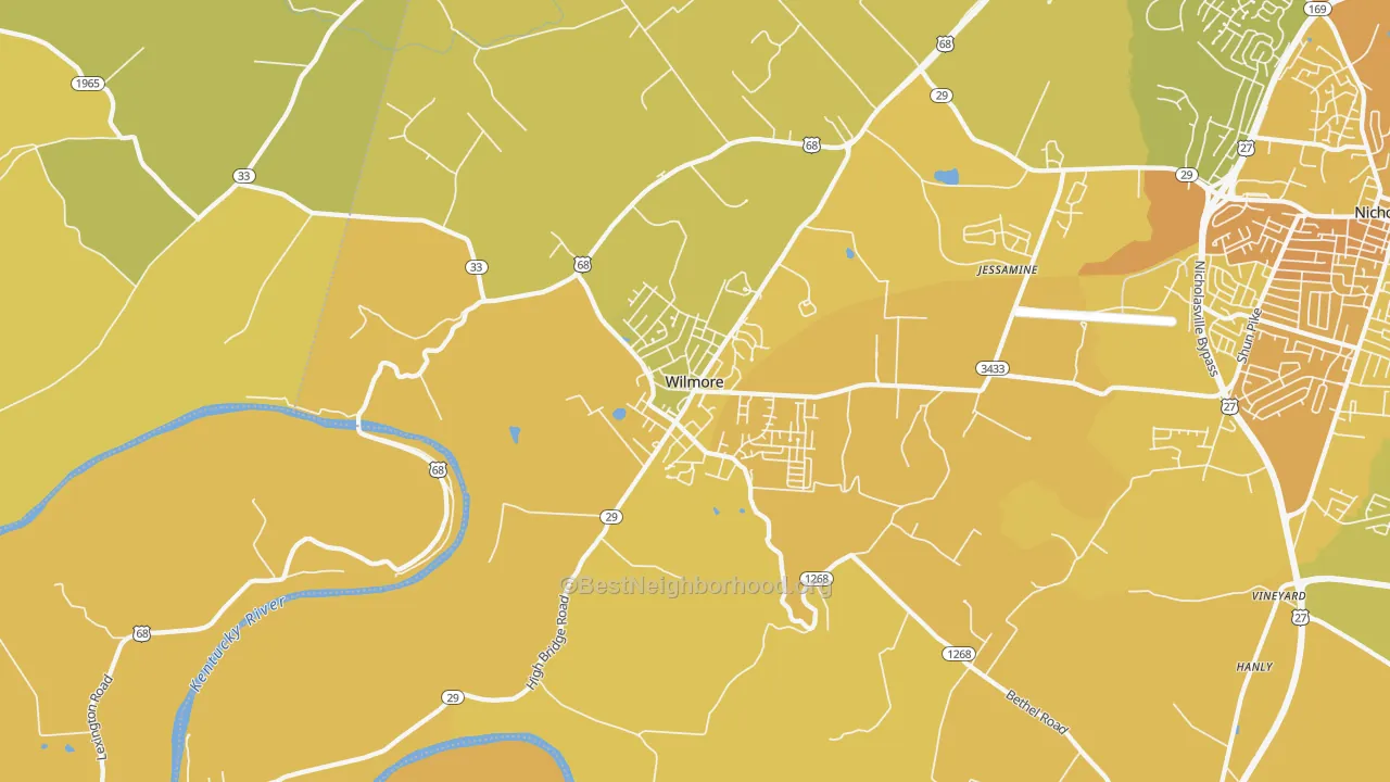Map of the best neighborhoods in the 40390 area, with better matches in green and worse matches in red