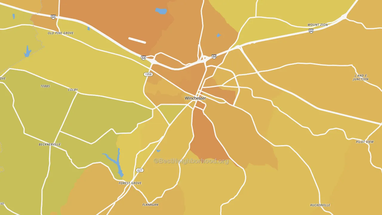 Map of the best neighborhoods in the 40391 area, with better matches in green and worse matches in red