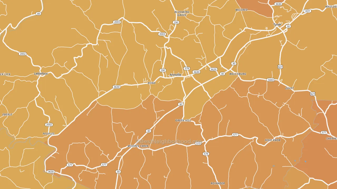 Map of the best neighborhoods in the 40402 area, with better matches in green and worse matches in red