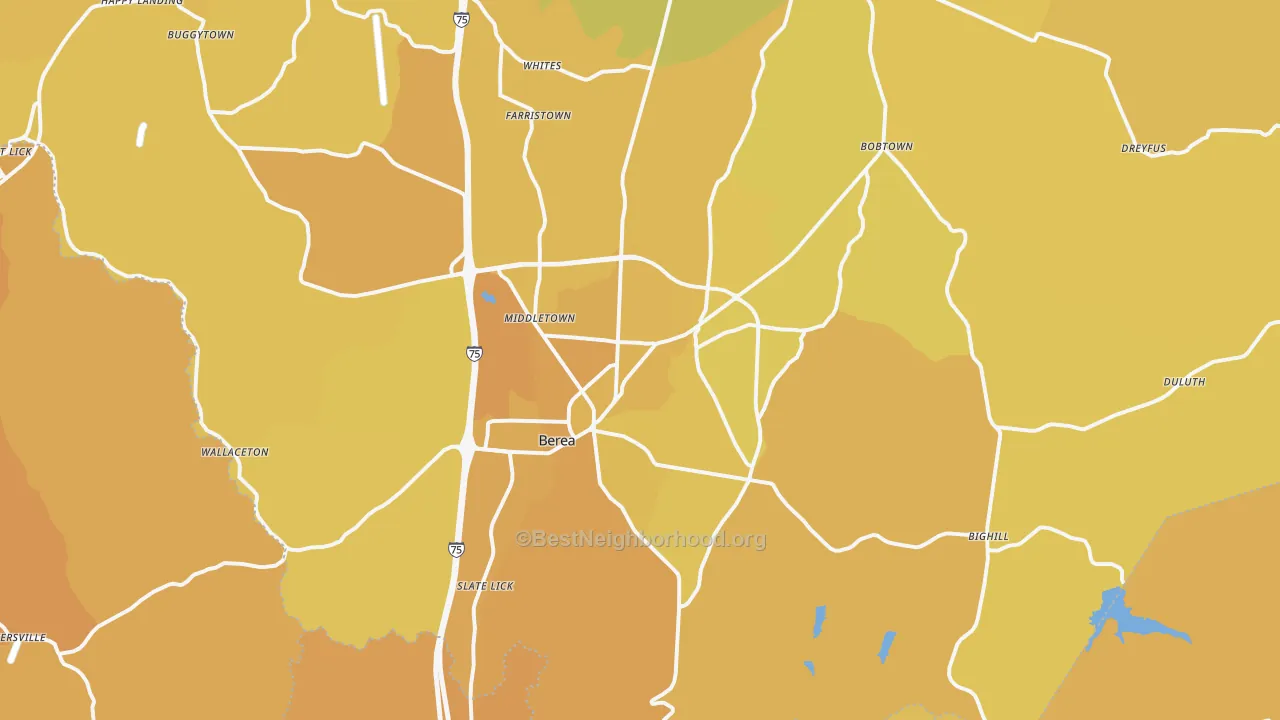 Map of the best neighborhoods in the 40403 area, with better matches in green and worse matches in red