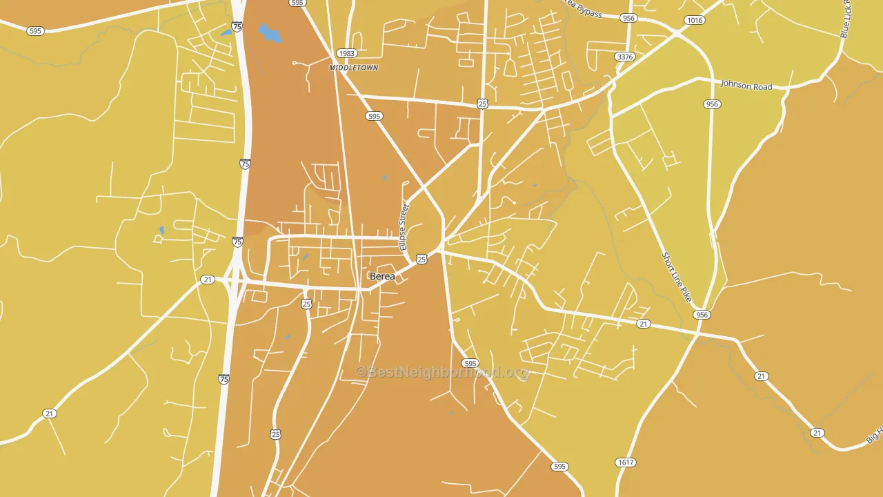 Map of the best neighborhoods in the 40404 area, with better matches in green and worse matches in red
