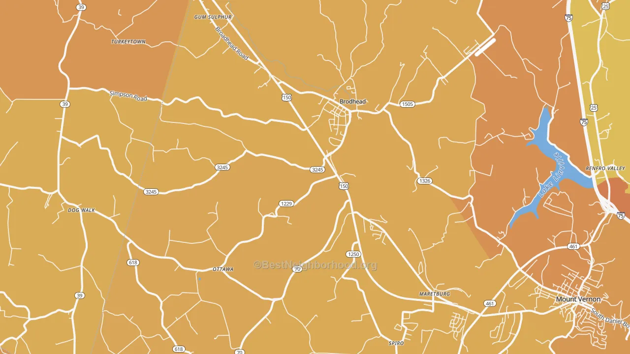 Map of the best neighborhoods in the 40409 area, with better matches in green and worse matches in red