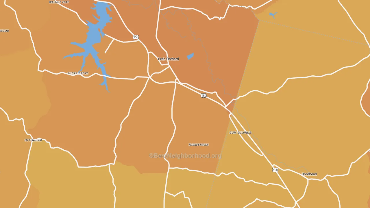 Map of the best neighborhoods in the 40419 area, with better matches in green and worse matches in red