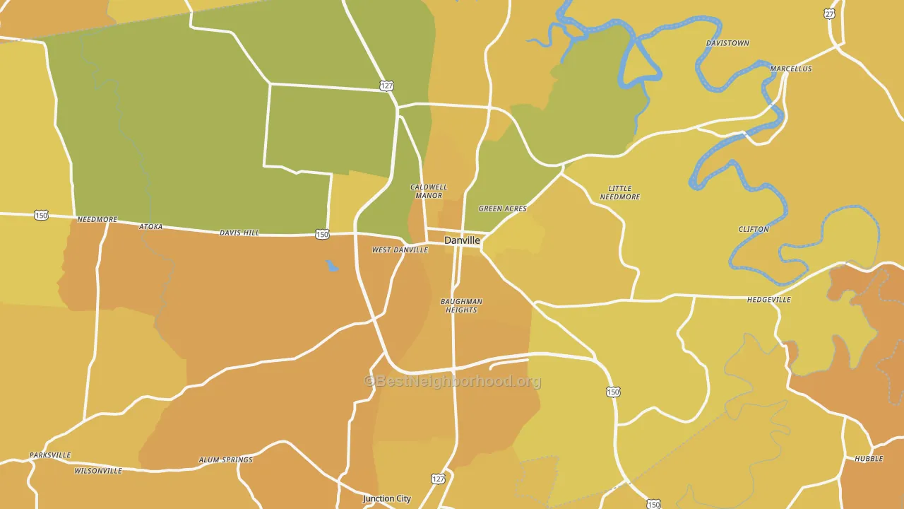 Map of the best neighborhoods in the 40422 area, with better matches in green and worse matches in red