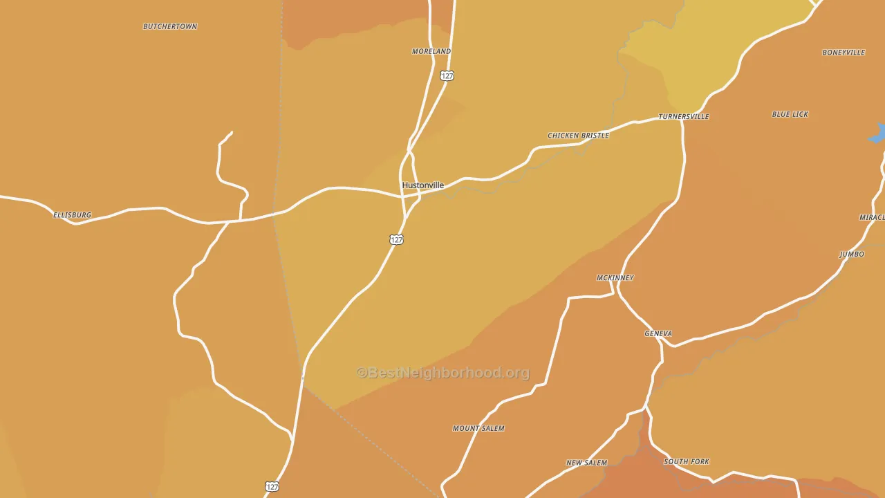 Map of the best neighborhoods in the 40437 area, with better matches in green and worse matches in red