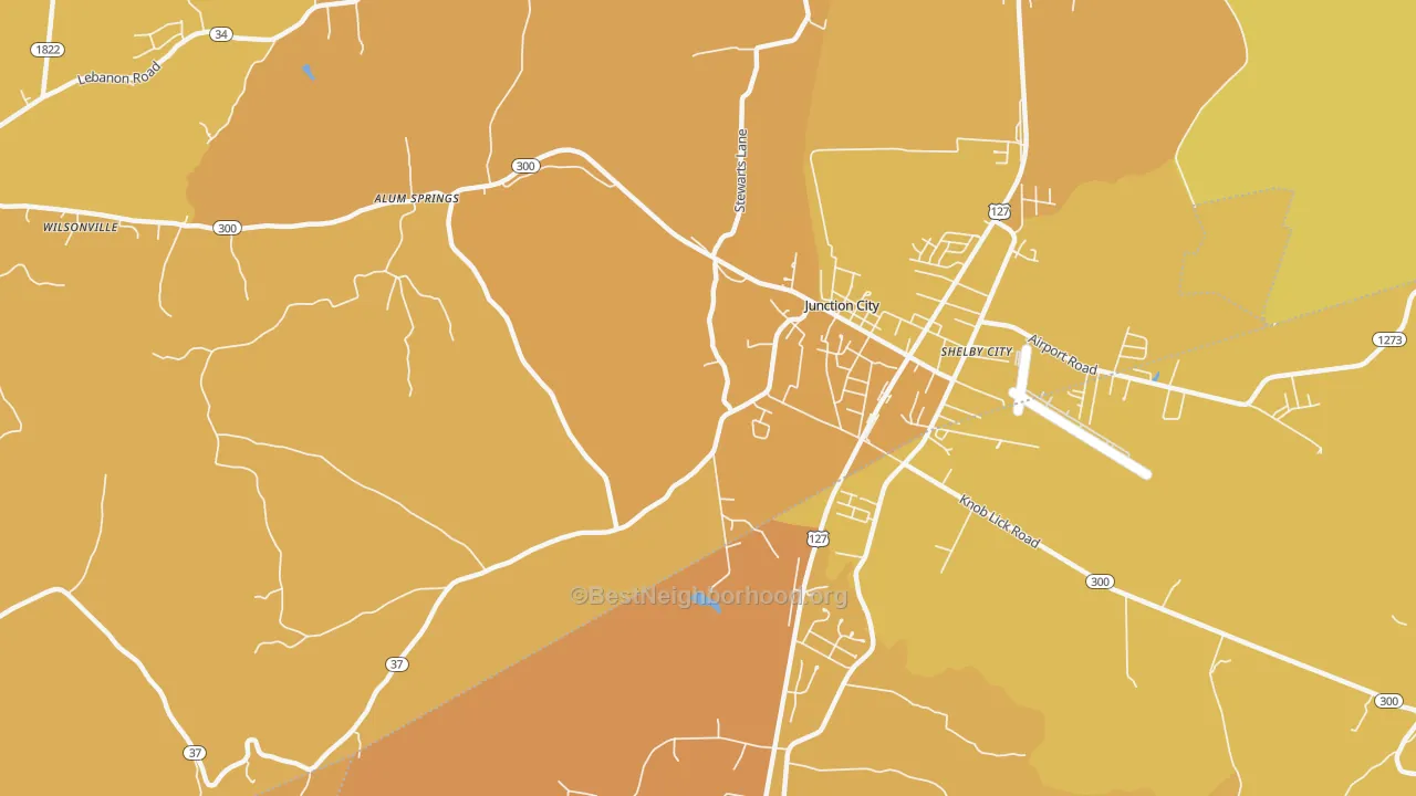 Map of the best neighborhoods in the 40440 area, with better matches in green and worse matches in red