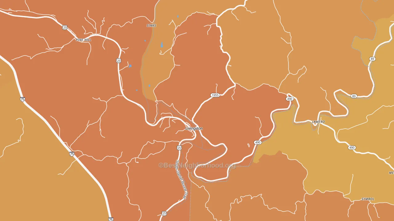 Map of the best neighborhoods in the 40445 area, with better matches in green and worse matches in red