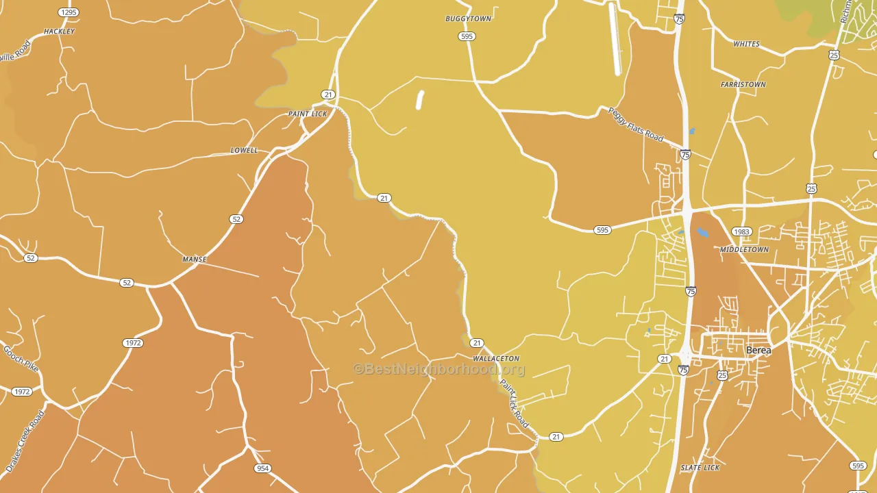 Map of the best neighborhoods in the 40461 area, with better matches in green and worse matches in red