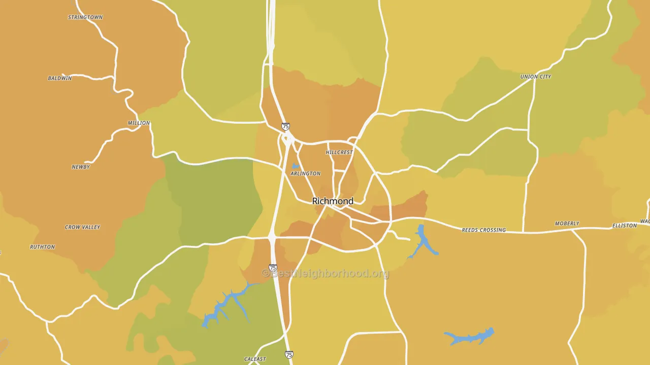 Map of the best neighborhoods in the 40475 area, with better matches in green and worse matches in red