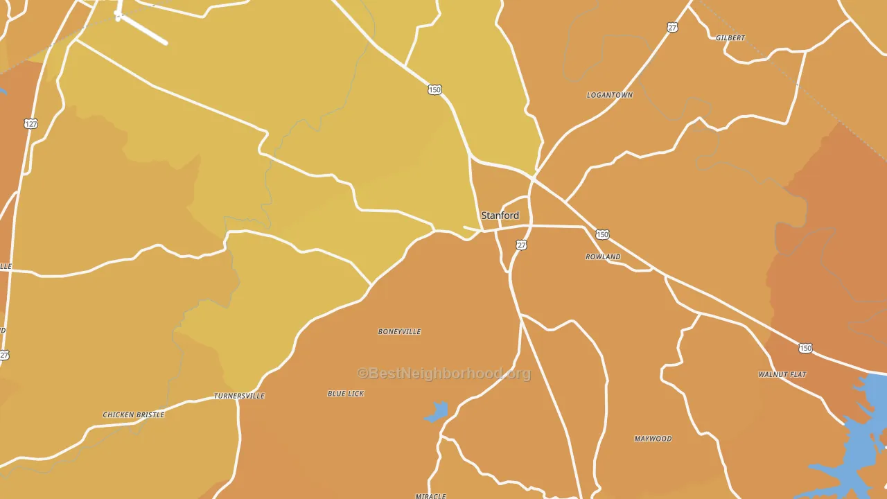 Map of the best neighborhoods in the 40484 area, with better matches in green and worse matches in red