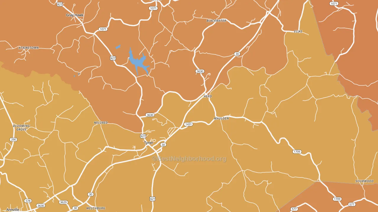 Map of the best neighborhoods in the 40486 area, with better matches in green and worse matches in red