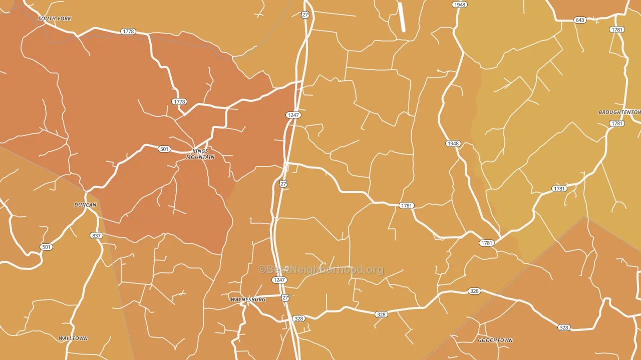 Map of the best neighborhoods in the 40489 area, with better matches in green and worse matches in red