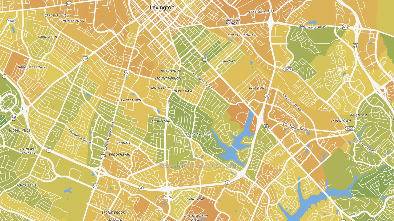 Map of the best neighborhoods in the 40502 area, with better matches in green and worse matches in red
