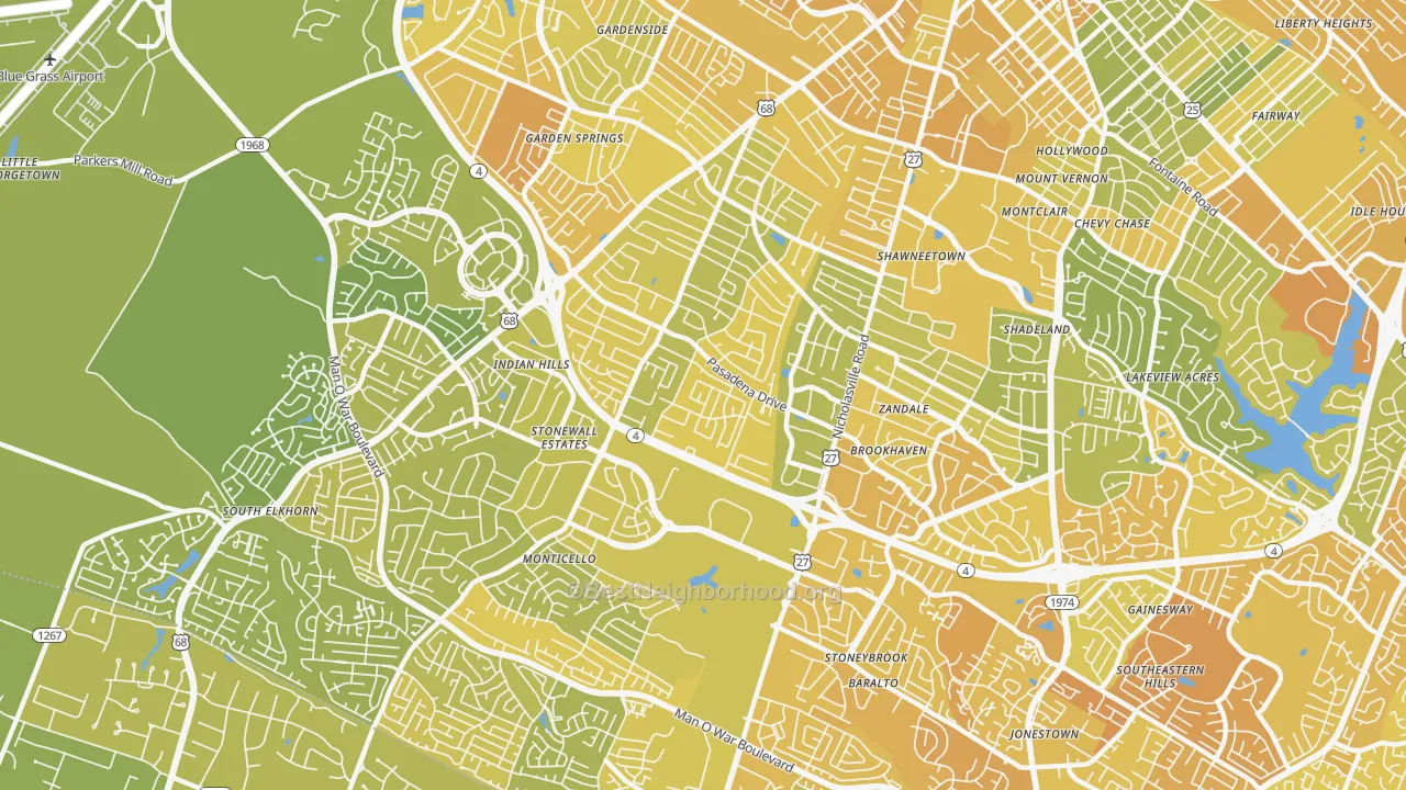 Map of the best neighborhoods in the 40503 area, with better matches in green and worse matches in red