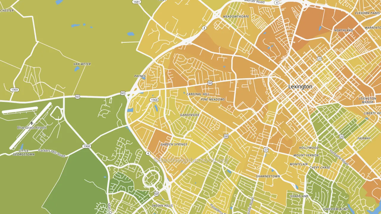 Map of the best neighborhoods in the 40504 area, with better matches in green and worse matches in red