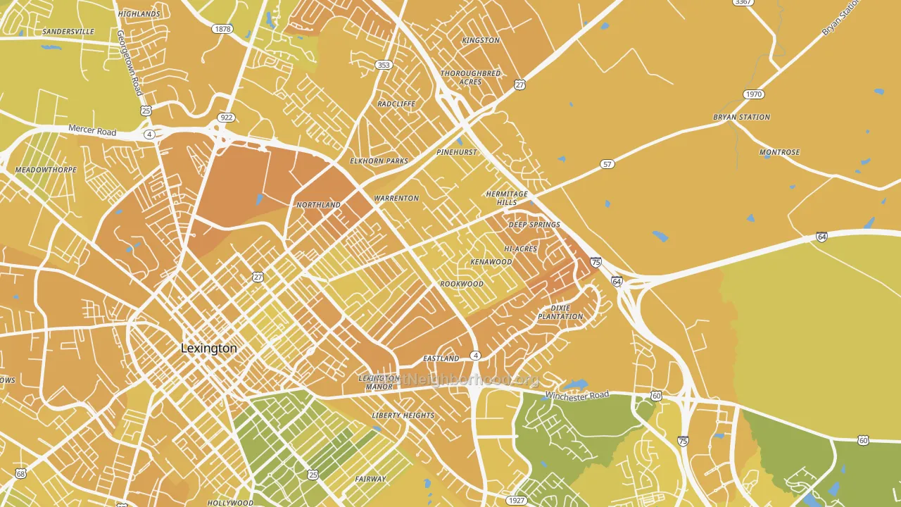 Map of the best neighborhoods in the 40505 area, with better matches in green and worse matches in red