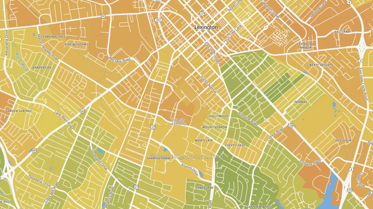 Map of the best neighborhoods in the 40506 area, with better matches in green and worse matches in red