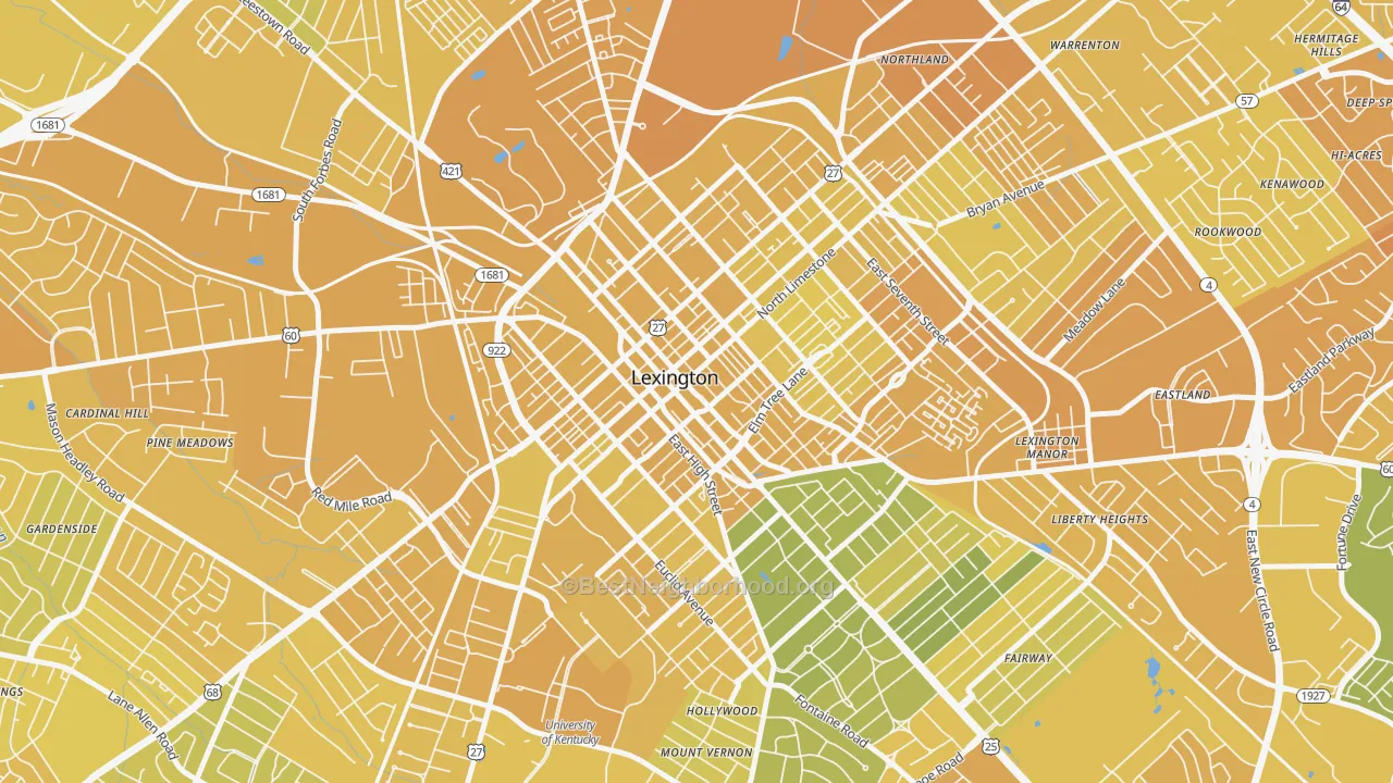 Map of the best neighborhoods in the 40507 area, with better matches in green and worse matches in red
