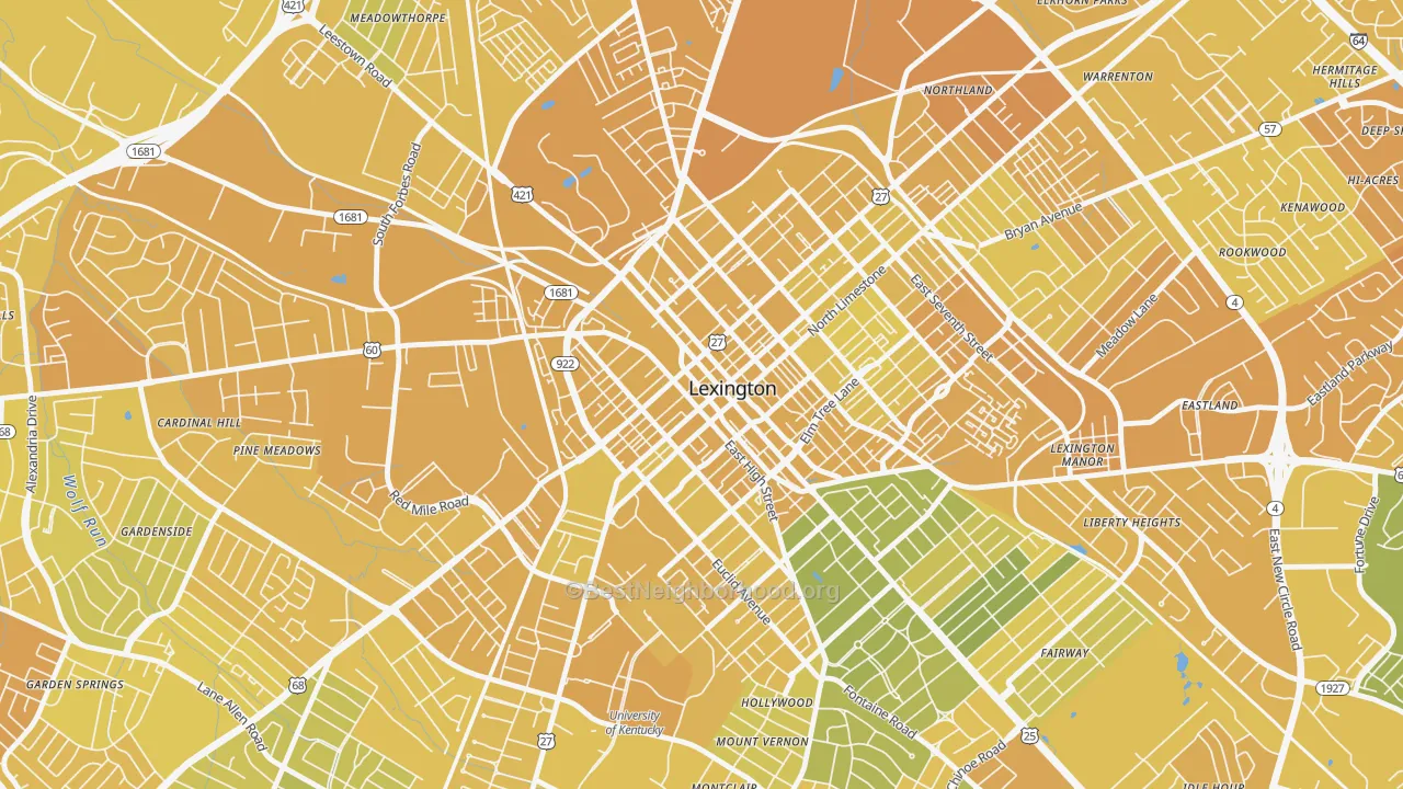 Map of the best neighborhoods in the 40508 area, with better matches in green and worse matches in red