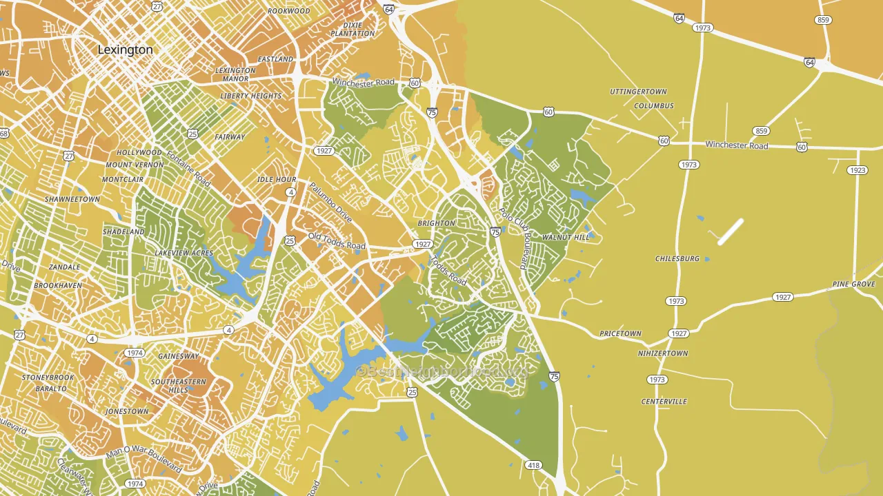 Map of the best neighborhoods in the 40509 area, with better matches in green and worse matches in red
