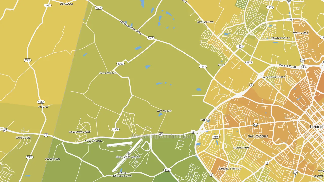 Map of the best neighborhoods in the 40510 area, with better matches in green and worse matches in red
