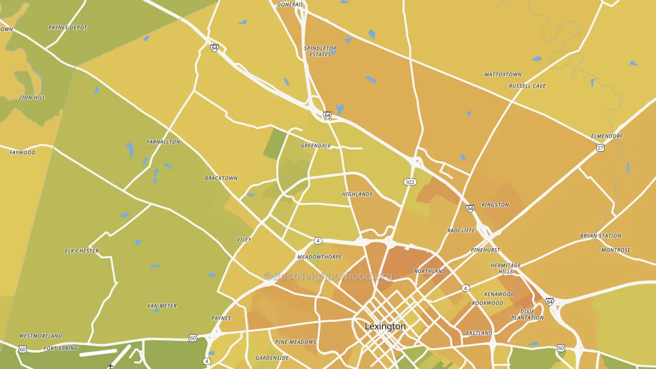 Map of the best neighborhoods in the 40511 area, with better matches in green and worse matches in red