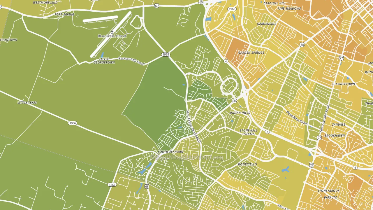 Map of the best neighborhoods in the 40513 area, with better matches in green and worse matches in red