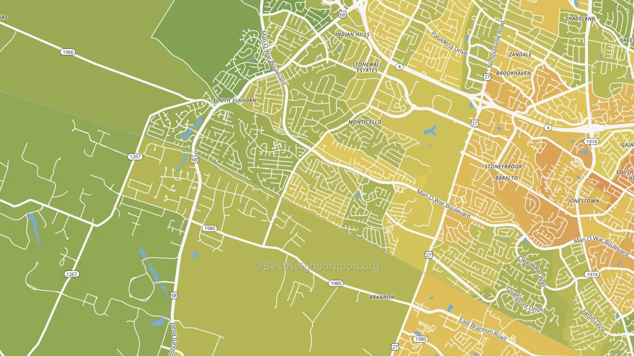 Map of the best neighborhoods in the 40514 area, with better matches in green and worse matches in red