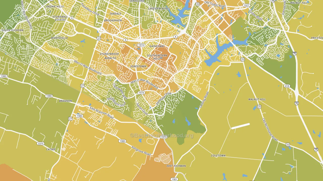 Map of the best neighborhoods in the 40515 area, with better matches in green and worse matches in red