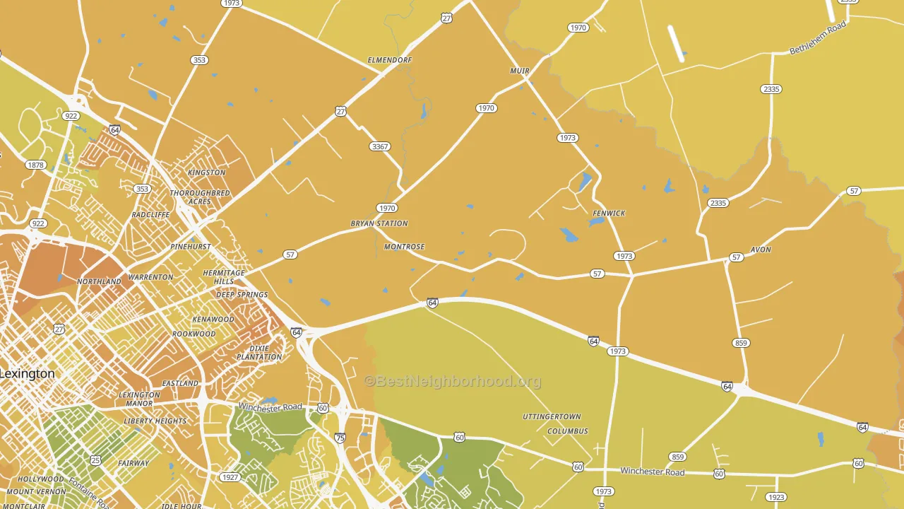 Map of the best neighborhoods in the 40516 area, with better matches in green and worse matches in red