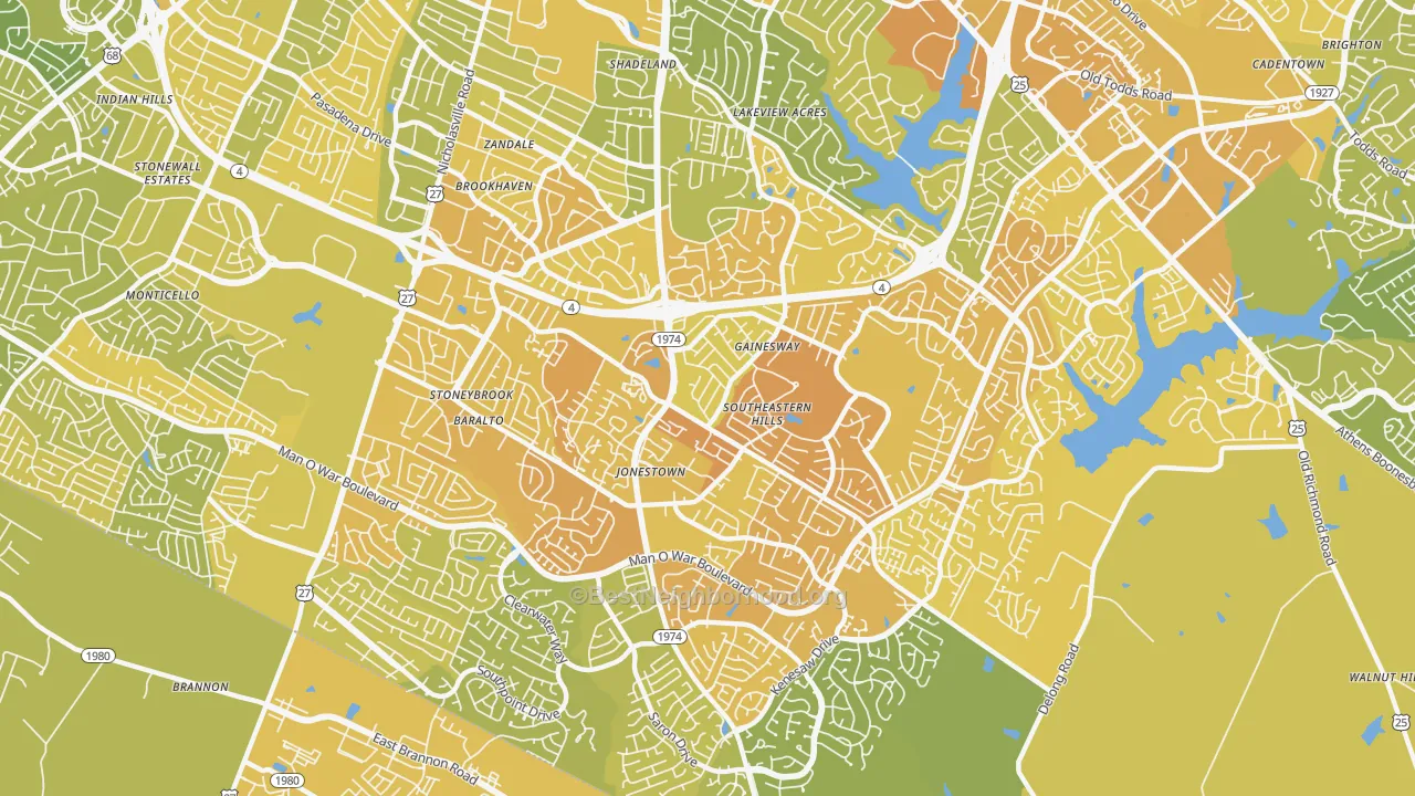 Map of the best neighborhoods in the 40517 area, with better matches in green and worse matches in red